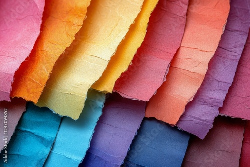 Vibrant layers of textured paper in various colors arranged artistically on a...
