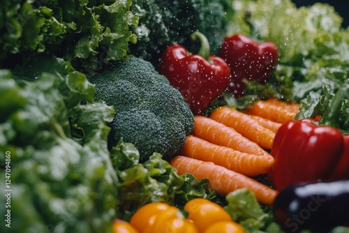 Colorful assortment of fresh vegetables arranged on a white surface for healt...