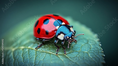Ladybug resting on green leaf under warm sunlight in a serene garden setting