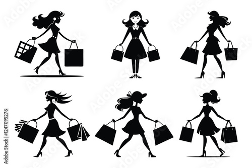 Stylish women silhouettes carrying shopping bags. Fashion, retail, and consumer lifestyle vector illustration set.