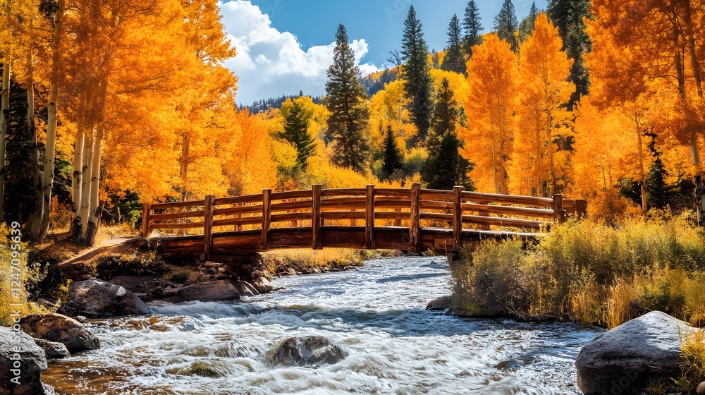 Obraz premium A rustic wooden bridge crossing a river surrounded by colorfull trees
