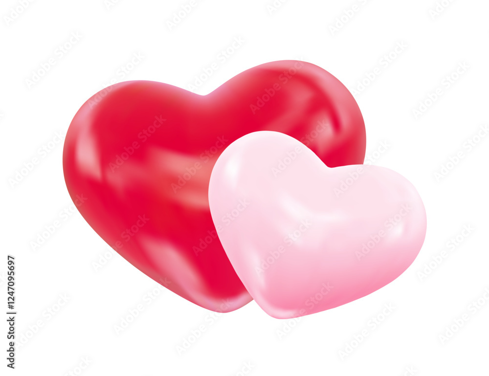 Realistic 3d pink and red Valentines Day hearts. Pair of glossy red and pink hearts representing love, romance. Vector Illustration for valentine, wedding invitation, romantic greeting card, banner Realistic 3d pink and red Valentines Day hearts. Pair of glossy red and pink hearts representing love, romance. Vector Illustration for valentine, wedding invitation, romantic greeting card, banner