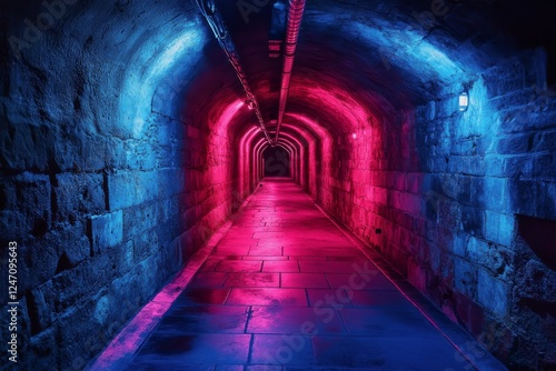 Vibrant tunnel illuminated with red and blue lights creates a mesmerizing atm...