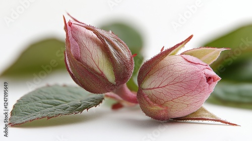 Delicate pink rosebud surrounded by vibrant green leaves in a serene garden s...