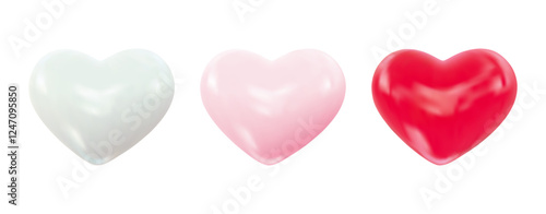 Valentines day glossy white, pink, red hearts. Collection of shiny 3d hearts representing love, romance. For design Valentines Day, wedding, romantic events. Vector Illustration