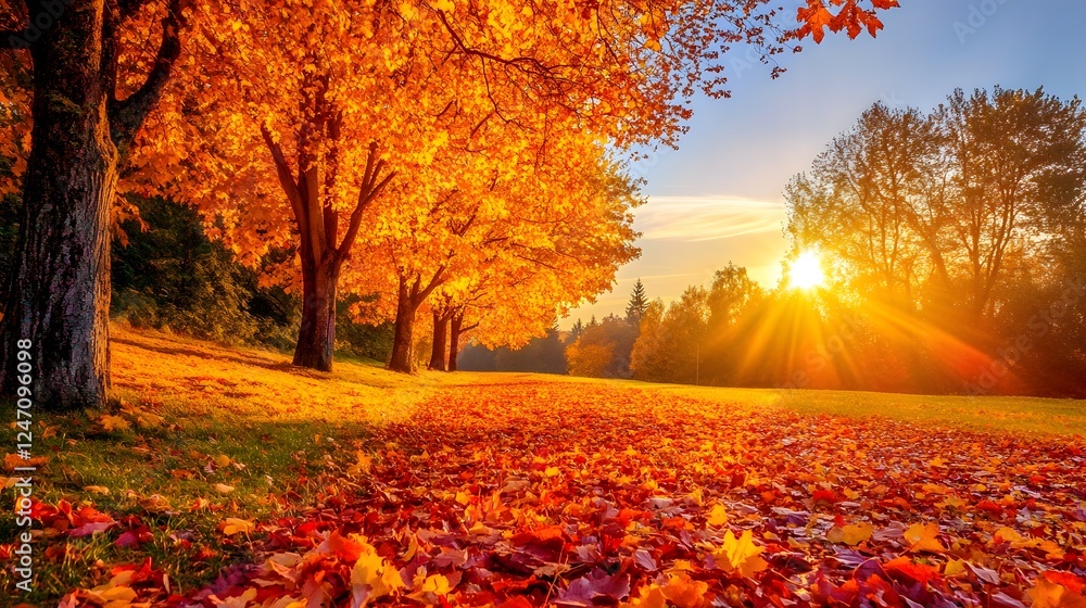 Fototapeta premium A warm sunset casting golden light over a row of trees