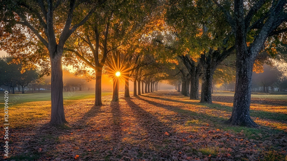 Fototapeta premium A warm sunset casting golden light over a row of trees