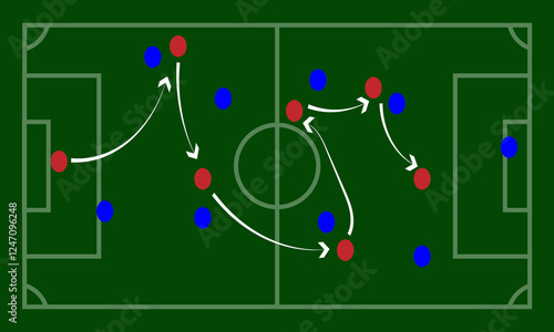 Soccer game strategy and tactic plan line, Soccer game strategy with arrows on green chalk board. Coach attack plan for play on field top view vector concept, Soccer Tactic Table. Vector Illustration.