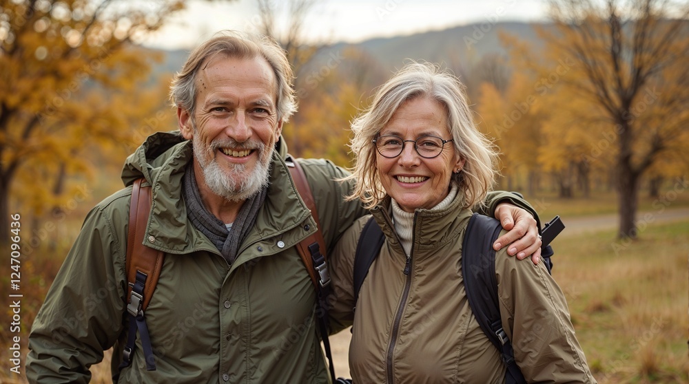 Fototapeta premium Mature Couple Hiking in Autumn Landscape – Portrait of Active and Healthy Lifestyle