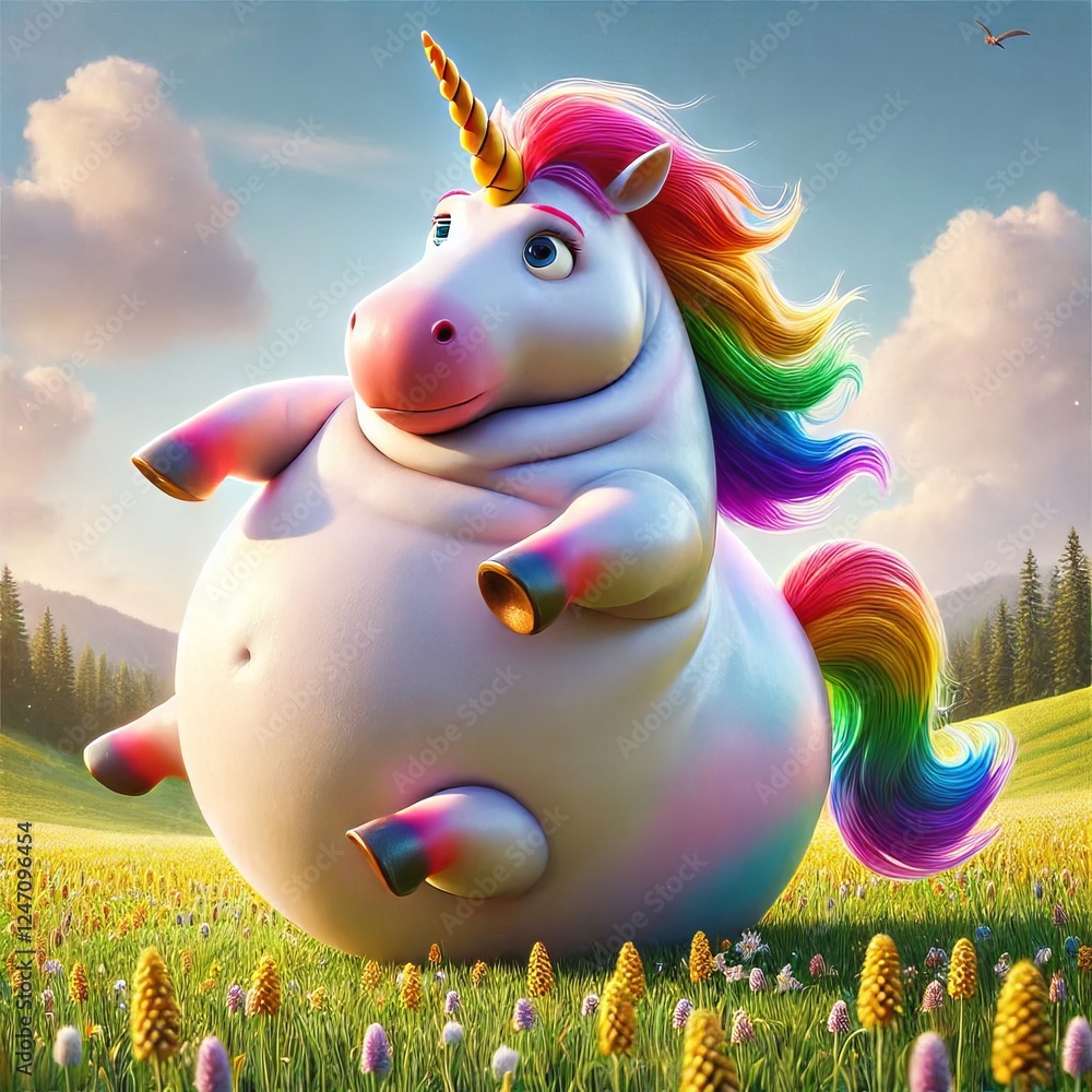 Fototapeta premium A chubby unicorn with a rainbow mane in a vibrant meadow with mountains in the background