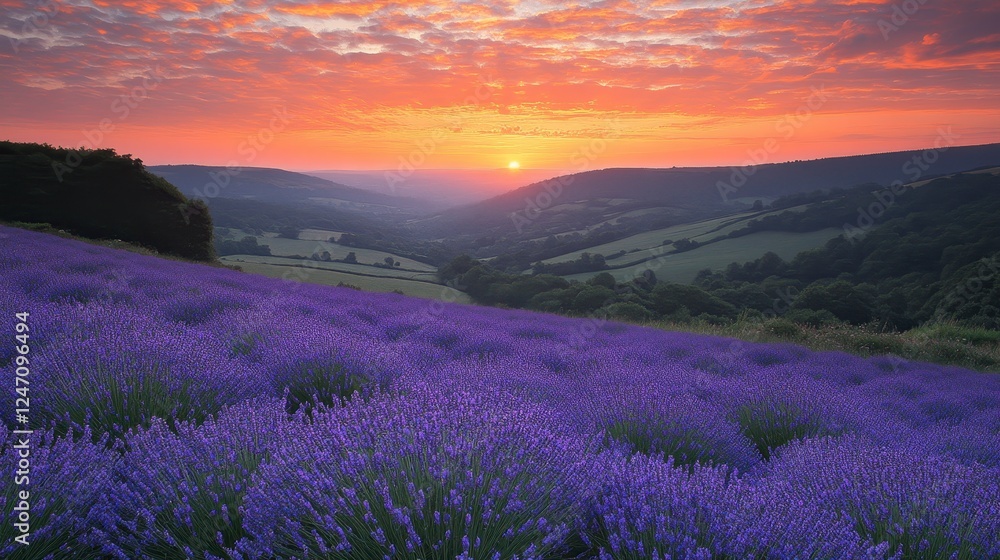 Sunrise over lavender fields in valley, idyllic landscape, calm morning Sunrise over lavender fields in valley, idyllic landscape, calm morning