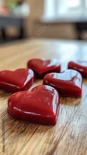 Decorative wooden hearts arranged on rustic wooden surface for romantic decor...