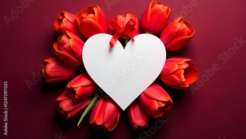 Obraz na płótnie Beautiful Romantic Red Tulips arranged in a Heart Shape symbolize Love and Affection deeply. A stunning arrangement of vibrant red tulips alongside a blank heart card w salonie
