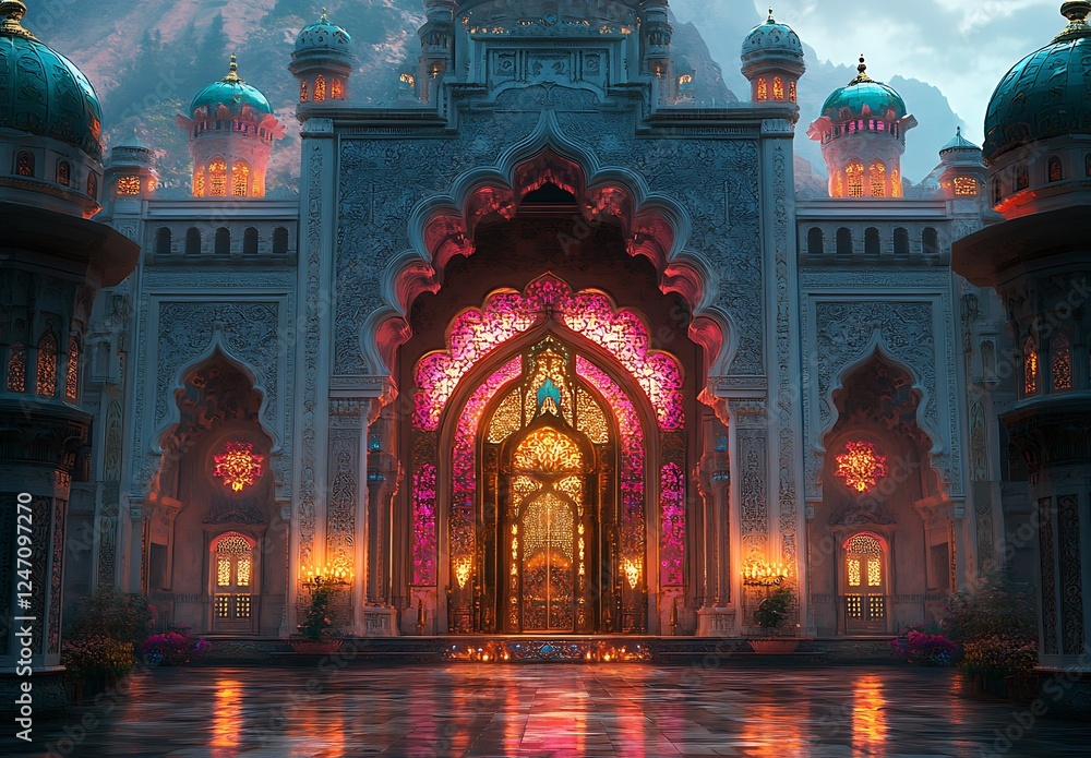 Obraz premium Majestic Palace Entrance with Colorful Lights and Intricate Patterns, Framed by Mountains at Dusk
