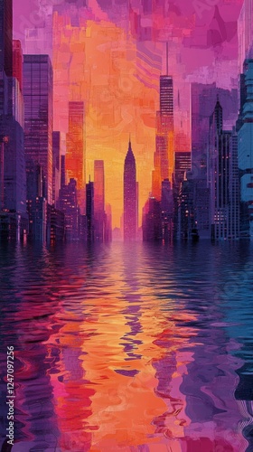 Vibrant reflections on water surface during urban evening lights with colorfu...