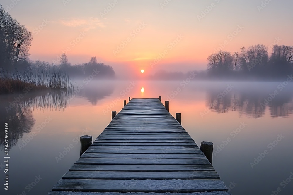 Fototapeta premium A peaceful lake, featuring crystal-clear waters that capture the vibrant sunrise, creates a stunning and tranquil scene. A soft mist wraps around the area, offering an impressive panoramic view.