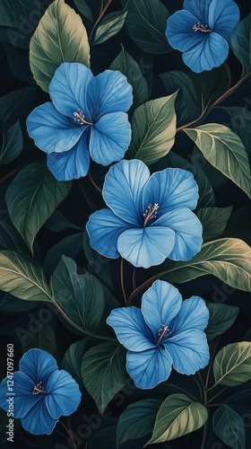 Vibrant blue flowers with lush green leaves in a beautifully detailed botanic...