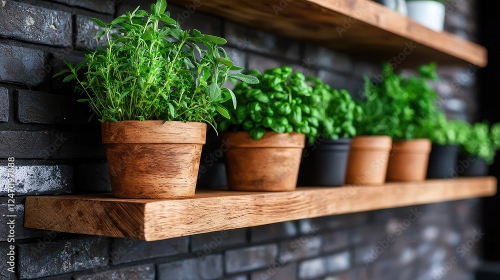 Kitchen herb garden on rustic shelves Kitchen herb garden on rustic shelves