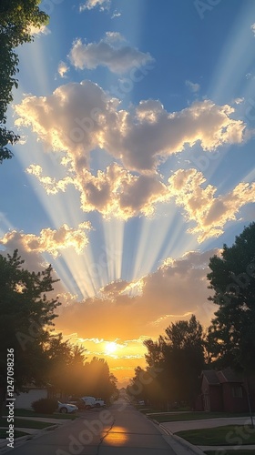 Stunning sunset illuminating a suburban street with radiant sun rays and vibr...
