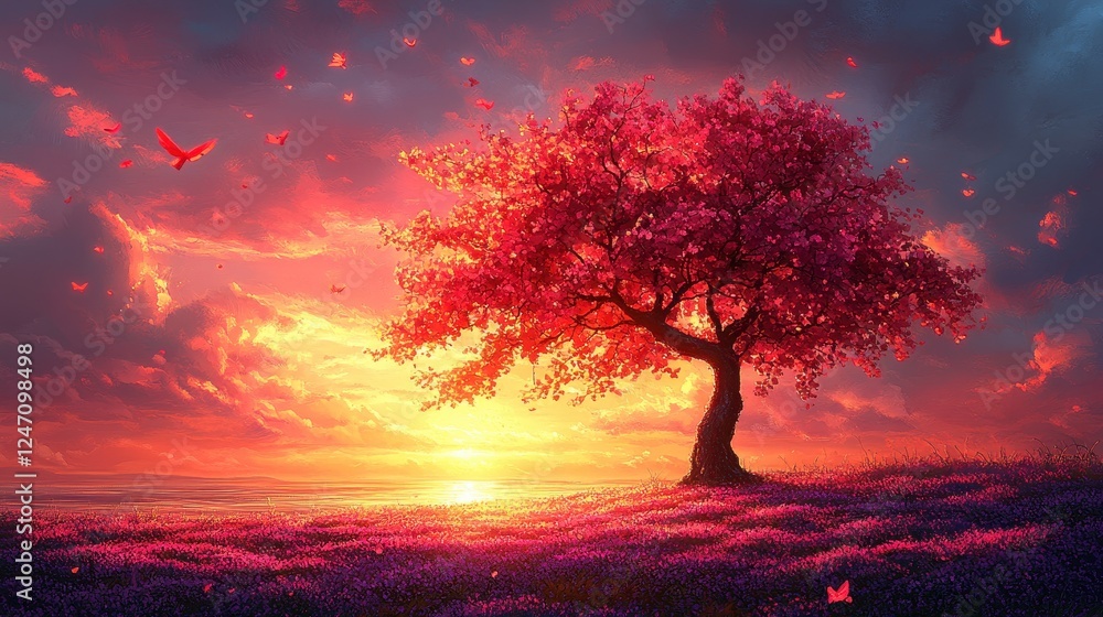 Sunset landscape, single tree, red blossoms, field, calm Sunset landscape, single tree, red blossoms, field, calm