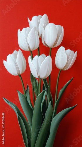 Elegant white tulips arranged against a vibrant red background showcasing nat...