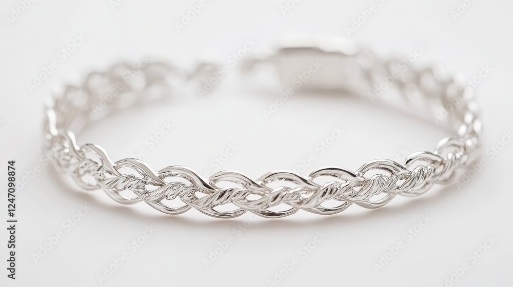 Obraz premium Close-up of a delicate silver bracelet on a white background. Great for jewelry or fashion accessory advertising.