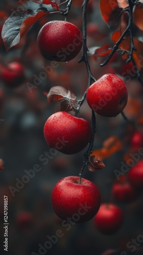Bright red apples hanging from a branch in a lush orchard during golden hour ...