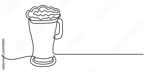 Continuous Line Drawing of Craft Beer Icon. Hand Drawn Symbol Vector Illustration, one line drawing of beer glass with foam. Craft drink alcohol ale in simple line, Beer glasses with foam one line art