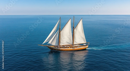 A ship with white sails navigating the waves of the sea, set against a marine background, illustrating a scene of ship discovery, reminiscent of Columbus reaching America photo