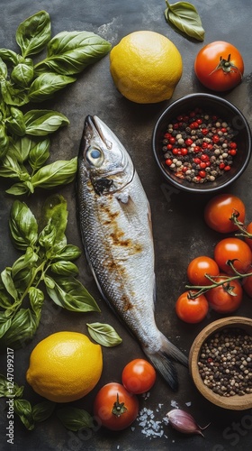 Fresh mackerel with vibrant tomatoes, lemons, and herbs arranged on a rustic ...