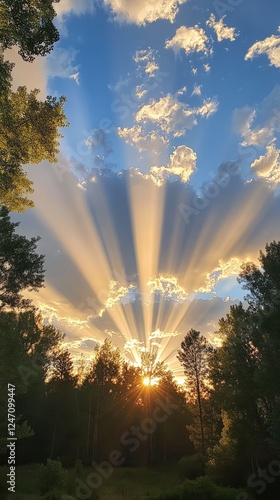 Beautiful sunset casting rays over mountains and trees in a tranquil landscape