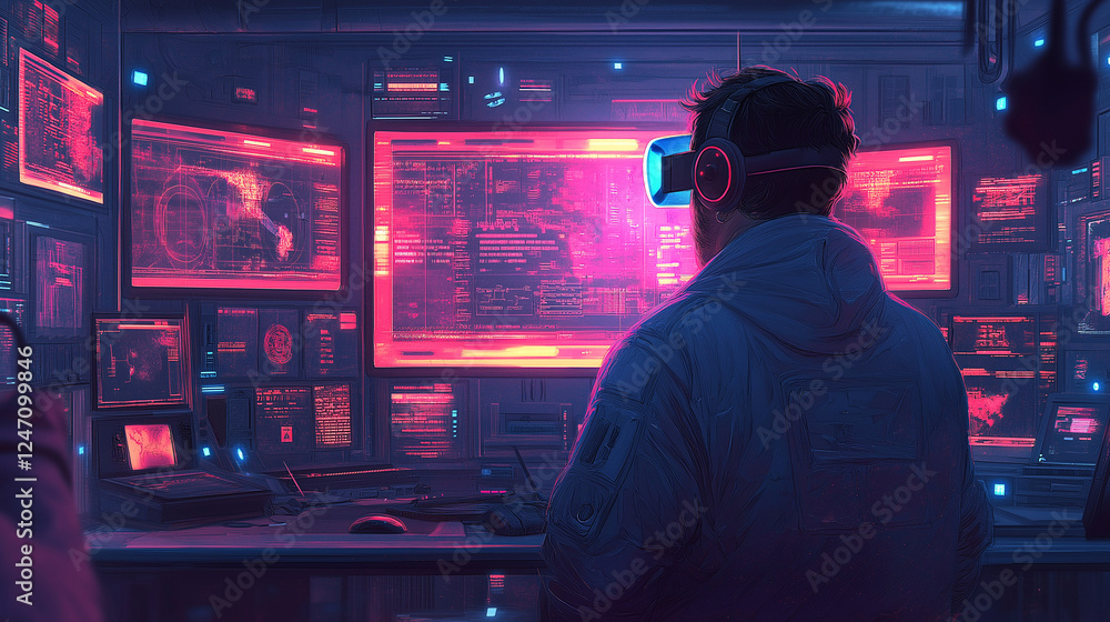 Person in VR Headset Surrounded by Digital Code and Data Screens Person in VR Headset Surrounded by Digital Code and Data Screens