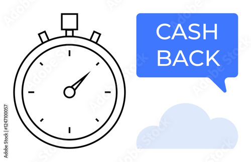 Stopwatch, speech bubble with CASH BACK, and cloud. Ideal for finance, time management, refunds, savings, promotions e-commerce efficiency. Engages quickly acts fast saves money meets deadlines