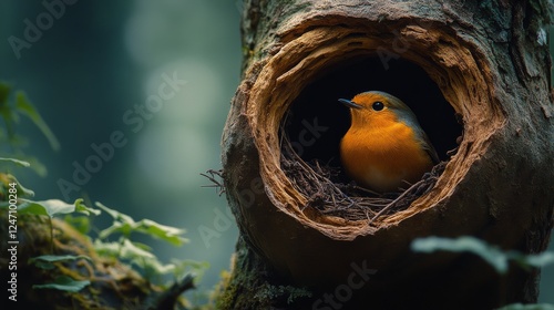 Bird perched inside tree hollow surrounded by green leaves during golden hour...