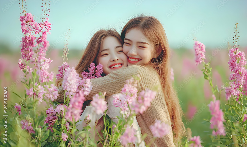 Fototapeta premium Joyful Women Embracing in Blooming Flower Field Under Clear Sky