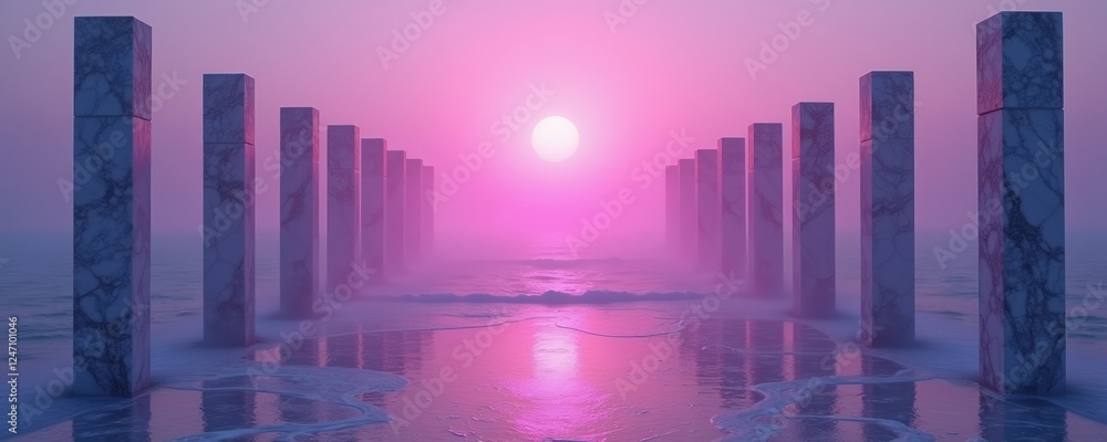 Ethereal landscape featuring marble pillars set against a serene pink and purple sunset, creating a tranquil and dreamlike atmosphere. Ethereal landscape featuring marble pillars set against a serene pink and purple sunset, creating a tranquil and dreamlike atmosphere.
