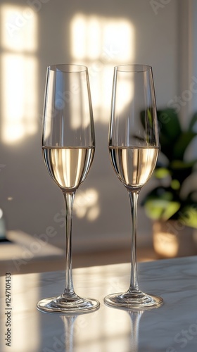 Sparkling drinks served in elegant glasses on a marble countertop during gold...