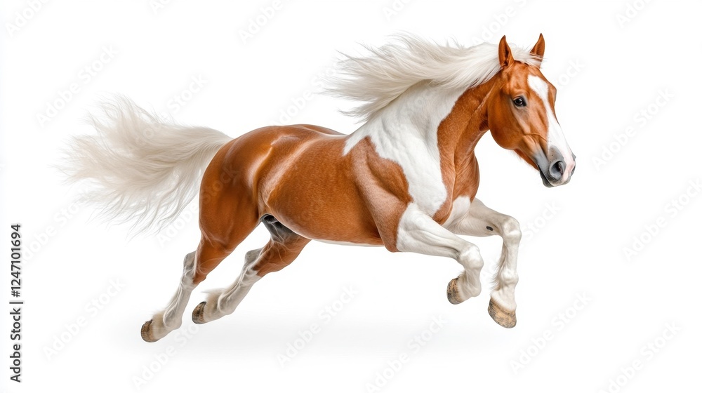 Obraz premium Elegant Pinto Horse Captured in Mid-Leap Against White. Generative AI