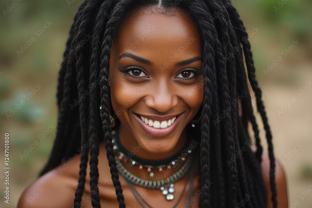 A tight portrait shot, focusing on the woman’s intense eyes, long dreadlocks, and detailed accessories. Her small earrings, layered necklaces, and choker stand out against her tan skin. The background A tight portrait shot, focusing on the woman’s intense eyes, long dreadlocks, and detailed accessories. Her small earrings, layered necklaces, and choker stand out against her tan skin. The background