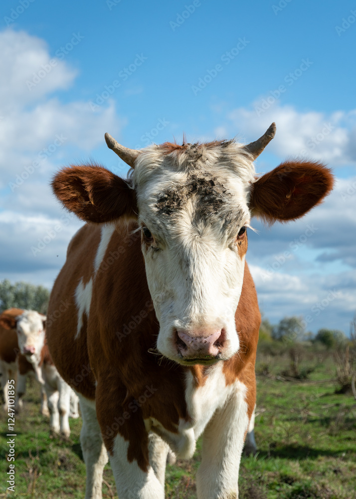 Cow head closeup with forehead smeared with dung or mud in pasture during sunny day Cow head closeup with forehead smeared with dung or mud in pasture during sunny day