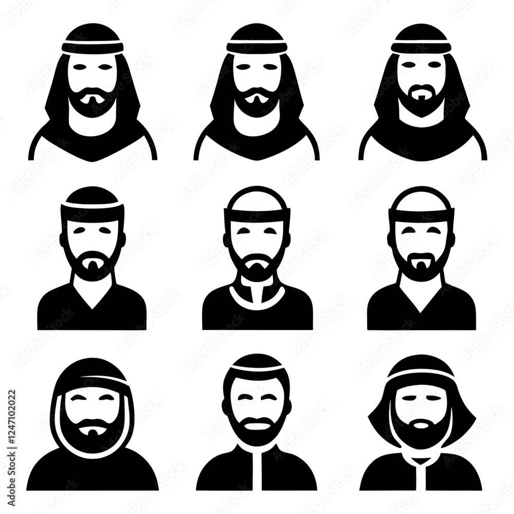 Collection of Simple Black and White Arab Male Icons design Collection of Simple Black and White Arab Male Icons design