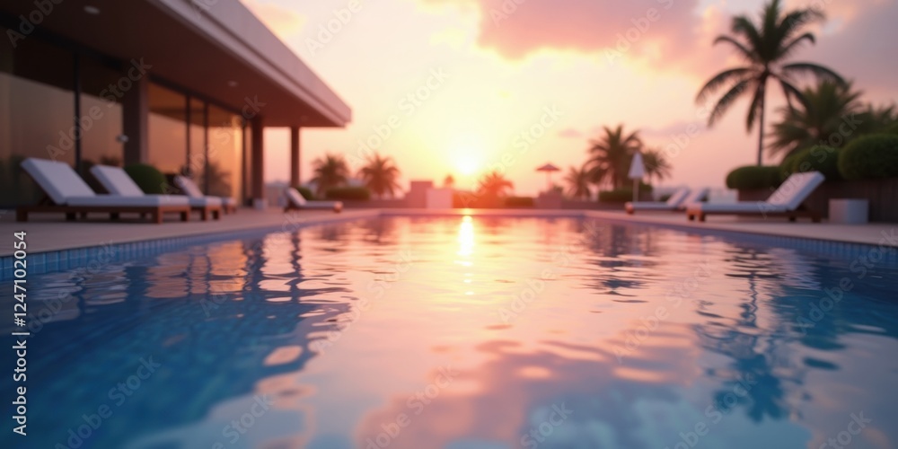 Fototapeta premium A serene sunset view over a luxurious poolside, perfect for vacation, luxury lifestyle, and hospitality marketing.