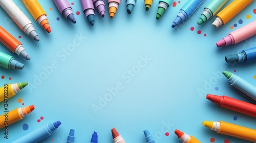 Vibrant colored pencils arranged creatively on a blue textured background