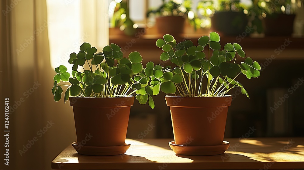 Two healthy green plants in beige pots are illuminated by sunlight on a wooden windowsill Two healthy green plants in beige pots are illuminated by sunlight on a wooden windowsill