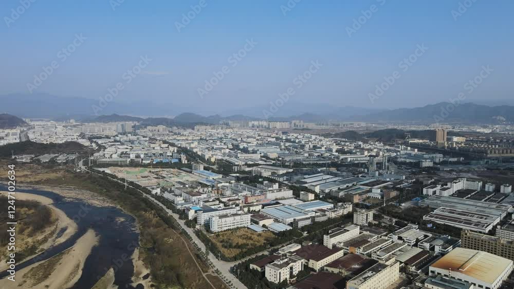 Panoramic aerial view of Zhejiang Lishui Shuge Industrial Zone under clear blue sky Panoramic aerial view of Zhejiang Lishui Shuge Industrial Zone under clear blue sky