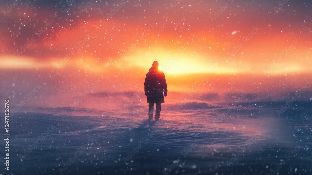 Fototapeta premium Silhouette of man on cliff enjoying sunset view in mountains