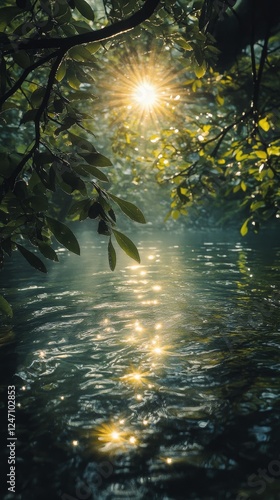Sunlight filters through trees illuminating a tranquil forest lake at dawn
