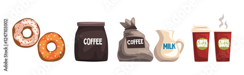 Coffee House with Aromatic Drink Preparation Object Vector Set