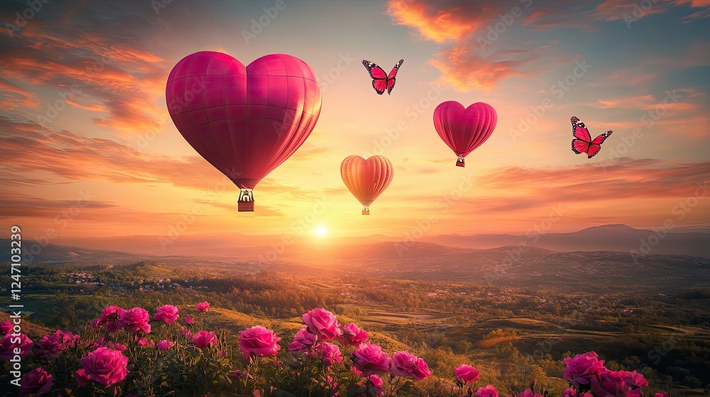 Obraz premium Heart Balloons and Butterflies in a Romantic Sunset scene