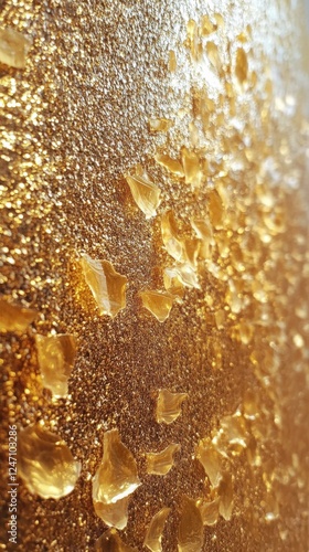 Golden texture with shimmering crystal fragments reflecting light in a close-...